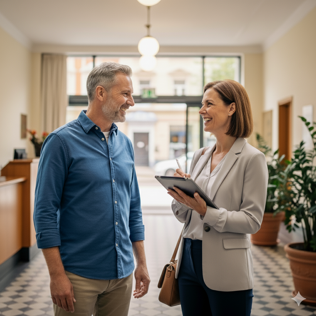 Agente inmobiliario con cliente sonriendo